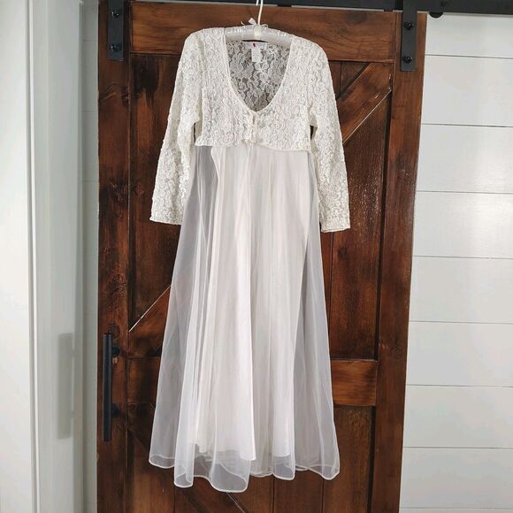Val Mode Lingere Other - Vintage White Lace Nightgown Set Size S Sheer Robe Satin Slip Romantic Bridal